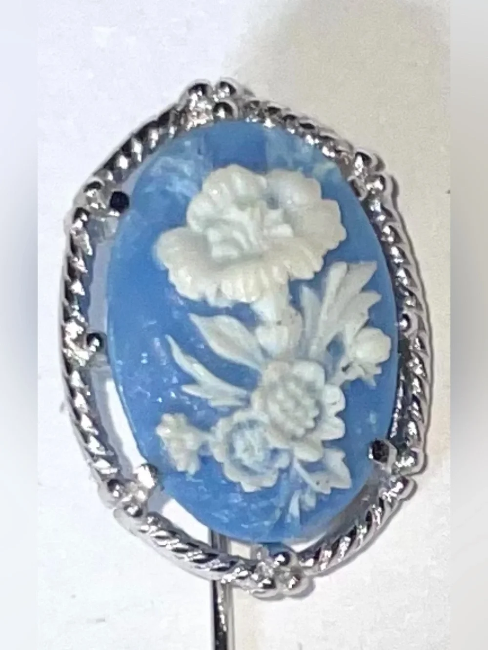 Rare Vintage Floral Wedgwood Jasperware Blue Flower Cameo Silver Stickpin Brooch